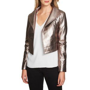NWT Womens Size Small 1.STATE Silver Foil Crop Faux Leather Open Front Jacket